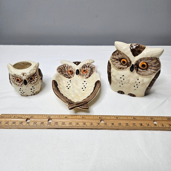Other - Vtg Ceramic Owl Set Japan Napkin Holder Spoon Rest Toothpick Holder Brown Cream